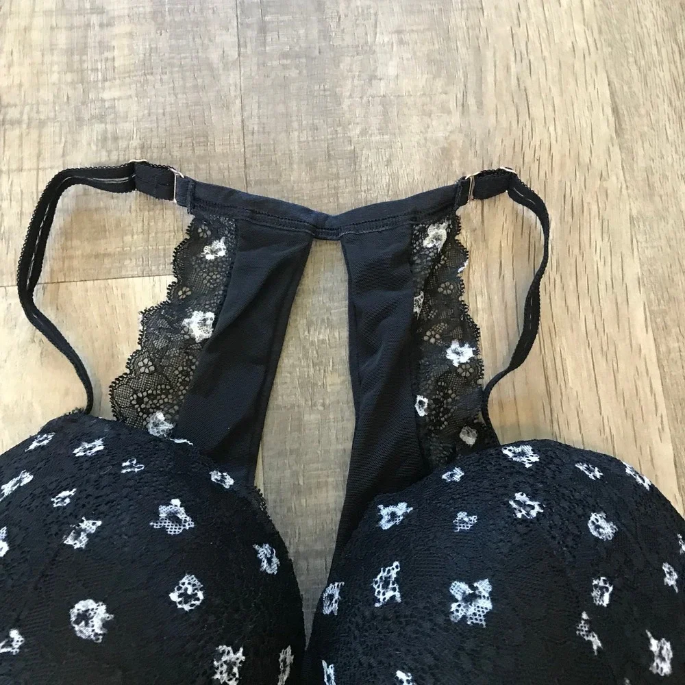 Pink Victoria's Secret 36DD Black Floral Lace Front Close Push Up Racerback Bra - Picture 2 of 6
